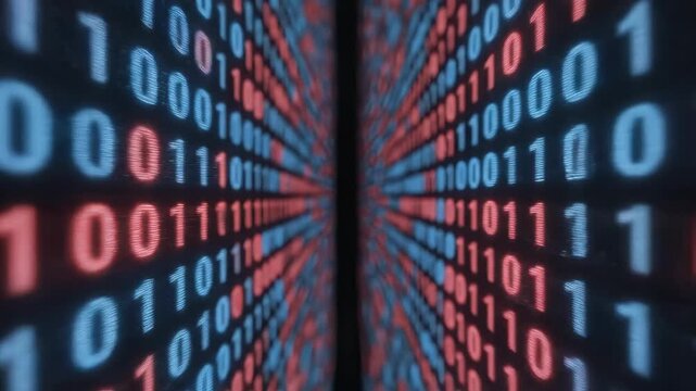Binary code display on digital screens for commercial backgrounds, digital design, and advertising