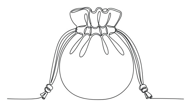Minimalist continuous line drawing of a versatile drawstring pouch ideal for packaging concepts, jewelry presentation, gift wrapping, and diverse product design applications.