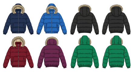 A comprehensive collection of hooded puffer jackets in various vibrant colors, showcasing detailed front and back designs for versatile winter fashion concept and apparel design inspiration © charli