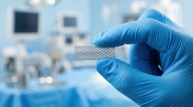 Close-up of a coronary stent device used in cardiovascular interventional cardiology and heart disease treatment.