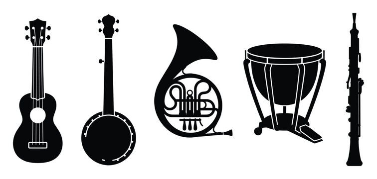 Collection of diverse musical instrument silhouettes including ukulele banjo French horn timpani and oboe perfect for music education and graphic design projects