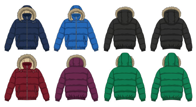 A comprehensive collection of hooded puffer jackets in various vibrant colors, showcasing detailed front and back designs for versatile winter fashion concept and apparel design inspiration