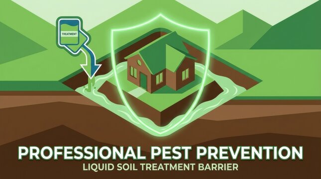 Illustration showing liquid soil treatment creating a protective barrier around a house. Represents professional pest prevention and termite control. Ideal for service advertising.