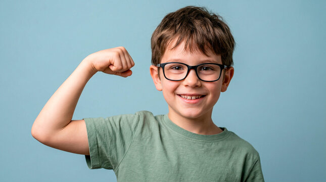 Young boy with glasses flexing his bicep with a proud smile against a blue background