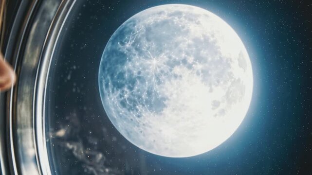 Young woman in spacesuit looking through porthole at moon. Astronaut observing lunar surface from spacecraft window. Panning and tilting camera movement.
