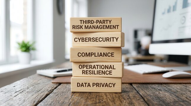 A stack of wooden blocks representing third-party risk management, cybersecurity, and data privacy.