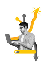 Template collage design trend artwork 3D sketch of young guy coder type netbook arrow way direction...