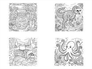 Obraz premium Black and white, vintage-style illustrations, coloring book pages, 4 educational pictures, dinosaurs, ocean creatures, kitchen, jug