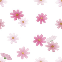 Fototapeta premium Watercolor cosmos flowers seamless pattern on black background with pink and white blooms300dpi