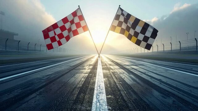 Two checkered flags on poles cross above a racetrack at sunrise, bathed in light, hinting at victory