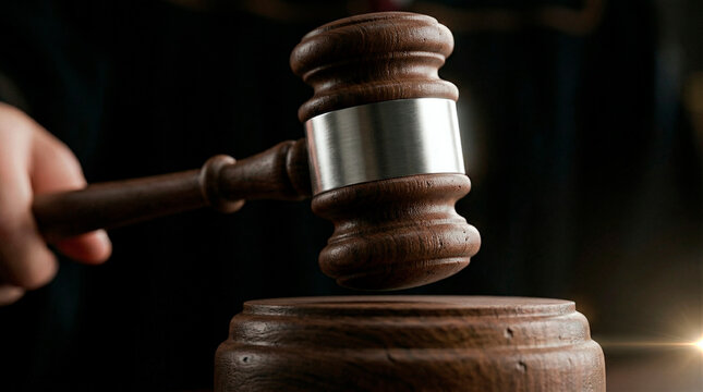 Judge's gavel poised to strike wooden sound block in a courtroom setting