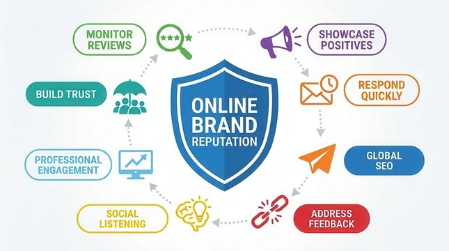 Business trust building through online brand reputation management, SEO improvement, and customer feedback response.