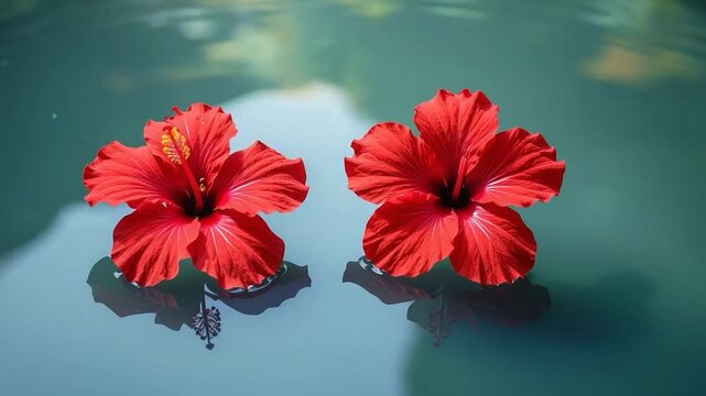 Two vibrant red hibiscus flowers float on serene turquoise water, reflecting below