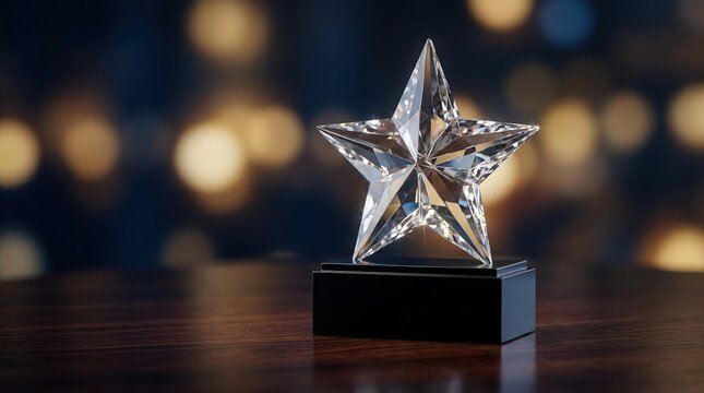 Corporate recognition theme featuring crystal star awards on wood.