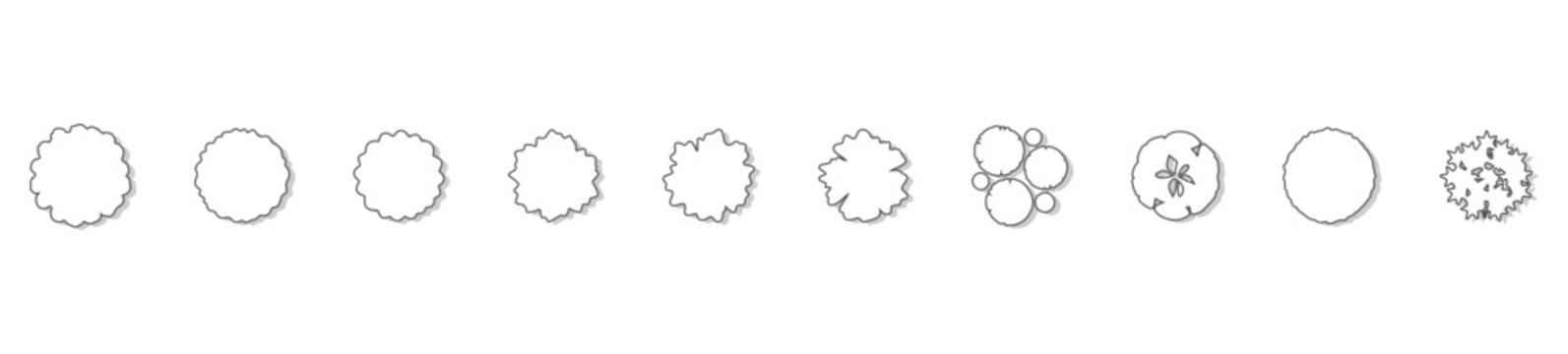 Top View Tree and Plant Outline Vector Set, Overhead Perspective Thin Line Botanical Figures for Architectural Documentation, Landscape Site Analysis, Minimalist Wireframe Style