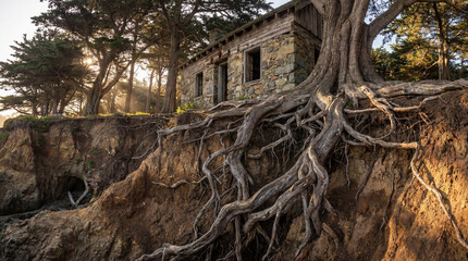 Obraz premium A scenic view of an old stone house and the intertwined roots of an old tree. An image that offers a unique perspective of history and nature, capturing the serene ambiance and timeless beauty.