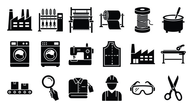 Modern glyph icons representing the entire textile manufacturing and clothing production process, including factory operations and quality control, perfect for industrial infographics and