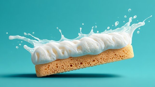 A sponge with foam splashing on a vibrant blue background.