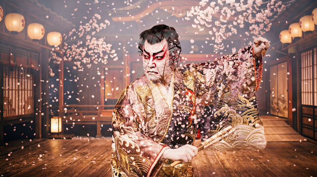 A kabuki actor performs, capturing traditional artistry. with dramatic makeup and intricate costumes on stage.