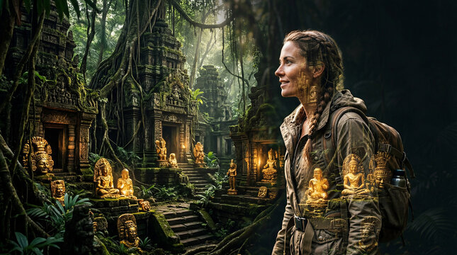 A female explorer marvels at the ancient ruins, set amidst a vibrant tropical forest, highlighting the wonder of exploration and the intersection of human history and the natural world.