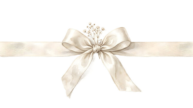 Elegant hand-painted ivory satin ribbon bow with gypsophila flowers for wedding invitations, luxury gift wrapping, and bridal shower stationery, isolated on a transparent background for high-quality