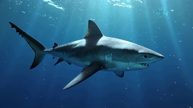 Great white shark swimming in deep blue ocean water with sunbeams filtering from the surface
