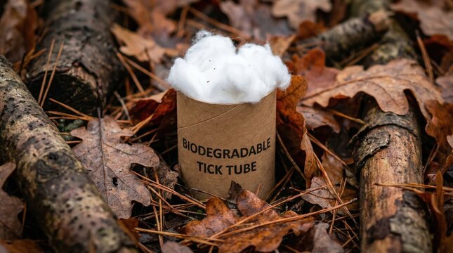 Biodegradable tick tube with cotton sits among autumn leaves. Eco friendly pest control method targets ticks through mice. Useful for articles on environmental health and Lyme prevention.