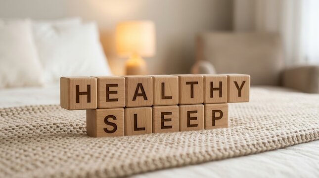 Promoting healthy sleep hygiene and quality rest with wooden text blocks.