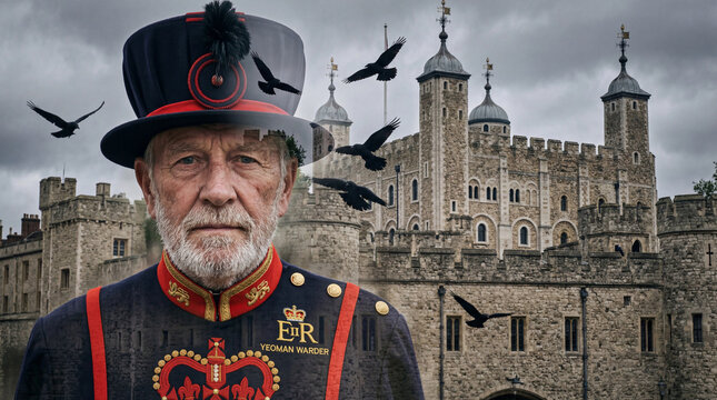 A dignified Beefeater stands before a historic castle, a symbol of tradition and heritage. Against a backdrop of imposing architecture, the uniformed figure represents history and guards.