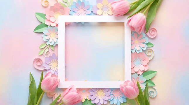 A pastel colored floral frame with pink tulips and flowers on a soft background for decoration or invitation
