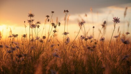 Fototapeta premium Wildflower silhouettes against golden hour sunlight with warm sky tones, creating a peaceful natural landscape scene.