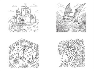 Naklejka premium Fantasy icons, castle, dragon, dice, grapes, 4 illustrations, vector graphics