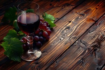 Fototapeta premium Red wine and grapes on a wooden table create a rustic, elegant atmosphere
