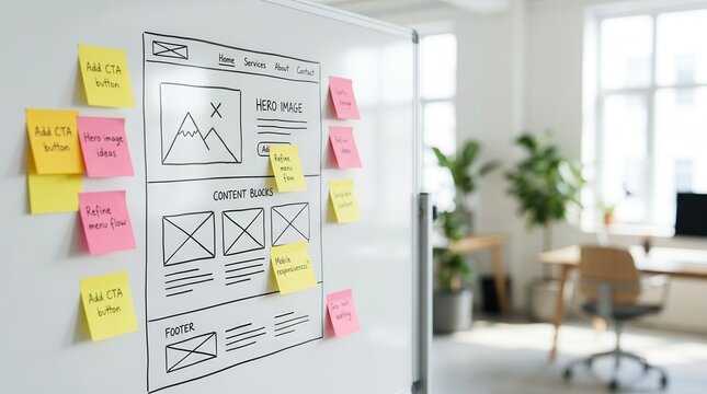 A professional website wireframe sketch and design elements layout for web development.