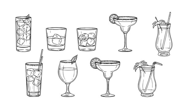 Minimal hand drawn cocktail glass sketch illustration set bar drinks vector clipart isolated white background