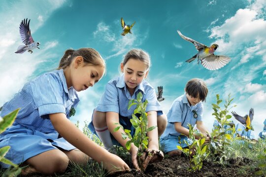 Inspiring growth through education: children transforming landscapes. Vivid gradient. A celebratory scene: school children plant trees for australia's green future. Minimal layout.