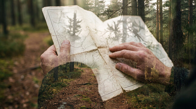 An explorer traces the contours of an antique map, charting a course through a dense forest, symbolizing exploration, adventure, and the allure of discovery.
