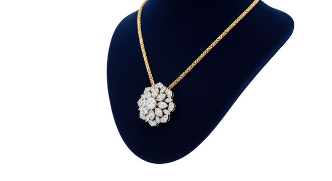 A luxurious gold necklace featuring a large, intricate floralshaped pendant set with numerous sparkling marquise and roundcut diamonds isolated on transparent background