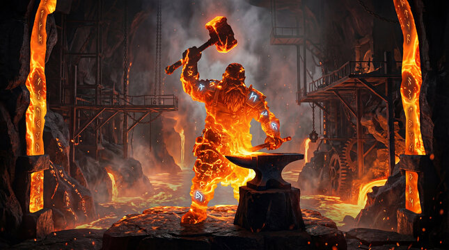 A mythical blacksmith, forged from molten rock, hammers out his craft amidst an inferno. Witness the strength and artistry of the forge in a breathtaking scene.
