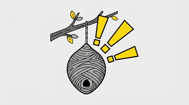 A grey wasp nest hangs from a tree branch with yellow exclamation marks. This represents danger and the need for professional pest control. Use for safety warnings or exterminator services.