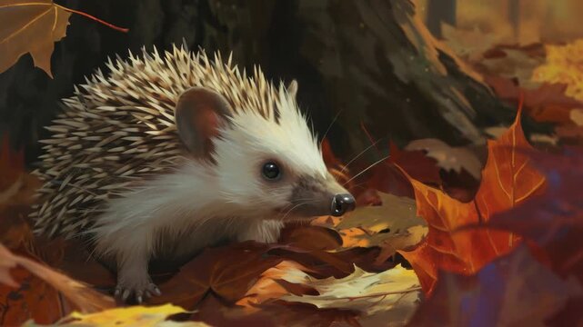 A single hedgehog is standing on the leaves of autumn colors - orange and yellow. The leaves create a natural bed for the small creature to rest or explore.