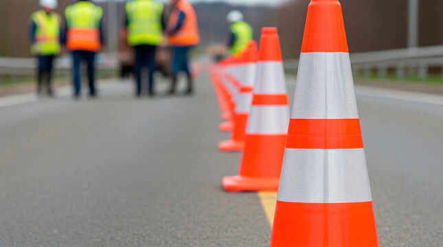 Orange traffic cones lined up on a road with workers in the background