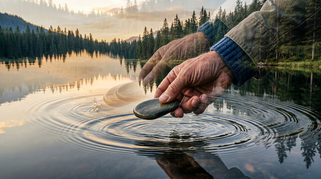A man is skipping stone across serene lake reflecting peaceful scenery.