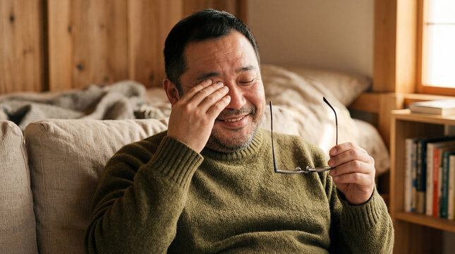 A man in casual attire rubs his eyes with a weary expression, possibly due to eye strain or fatigue, in a warm, inviting living room setting.