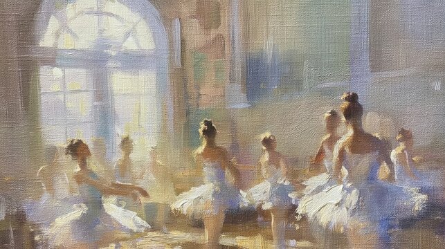 Impressionist oil painting on canvas showing a group of ballet dancers in tutus practicing near a large window with soft sunlight.
