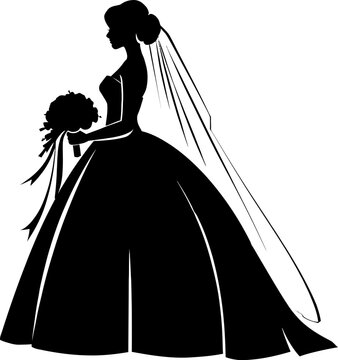 Elegant bride silhouette with veil and bouquet