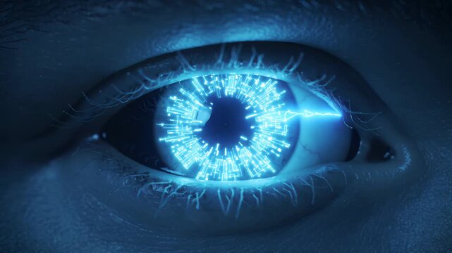 Macro close up of human eye with digital futuristic interface and glowing blue electric spark on iris for biometric scanning and AI technology concept