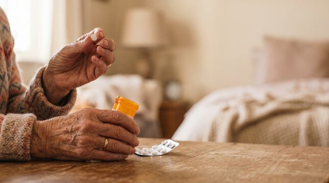 Close up of senior person hands holding prescription pill bottle at home. Healthcare for elderly people, medication management and treatment for chronic pain or retirement wellness.