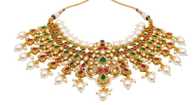 Traditional indian kundan choker necklace with pearls, rubies, and emeralds isolated on transparent background
