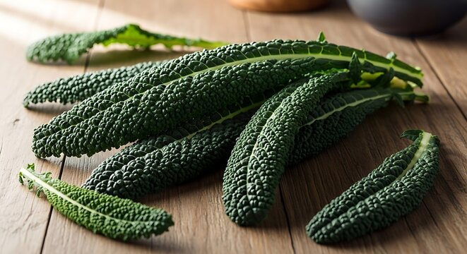 A close up view of fresh dark green dinosaur kale leaves arranged on a rustic wooden table top. cavolo nero